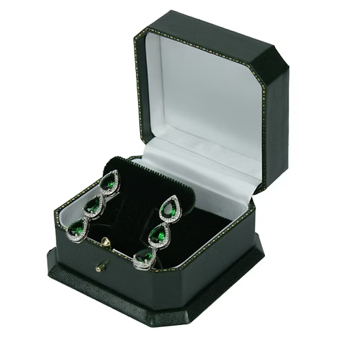 White Gold Finish Created Diamond Green Emerald Pear Cut Classic Dangle Earrings