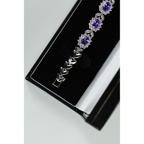 White Gold Finish Purple Amethyst Triple Flower Design Tennis Bracelet
