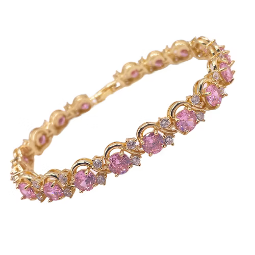 Yellow gold finish pink tourmaline round cut twisted created diamond bracelet