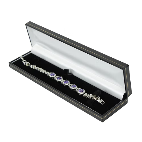 White Gold Finish Purple Amethyst Triple Flower Design Tennis Bracelet