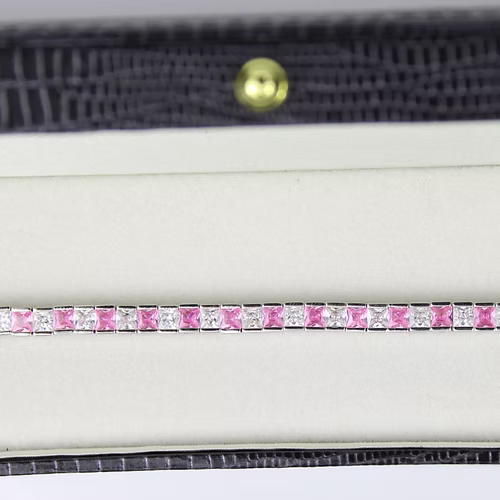 WHITE GOLD FINISH Pink Tourmaline Princess Cut Alternating CD Bracelet