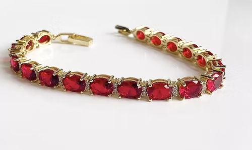 Yellow gold finish red ruby and created diamond Oval tennis bracelet gift idea
