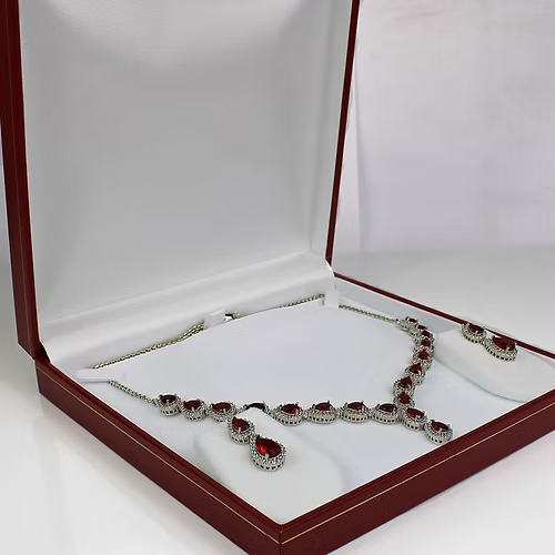 WHITE GOLD FINISH Red Ruby Pear Cut Cluster Created Diamond Necklace and Dangle