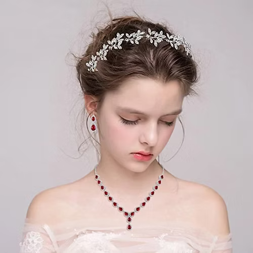 White Gold Finish Red Ruby Pear Cut and Created Diamond Set