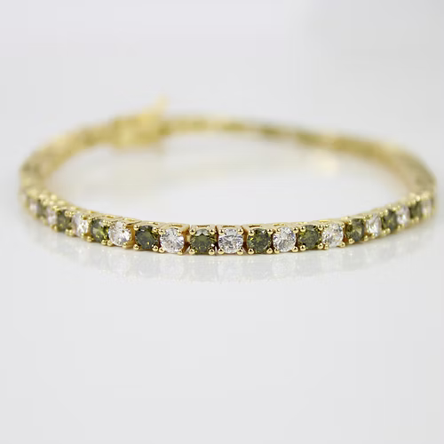 YELLOW GOLD FINISH Green Peridot Round Cut Alternating Created Diamond Bracelet