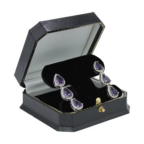 White Gold Finish Amethyst Triple Pear Cut Dangle Earrings