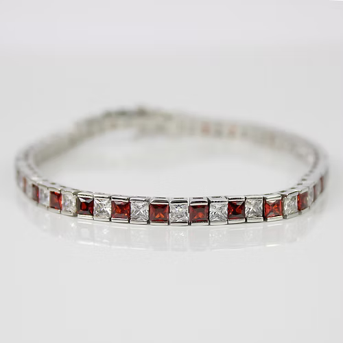 WHITE GOLD FINISH Red Garnet Princess Cut Alternating CD Bracelet
