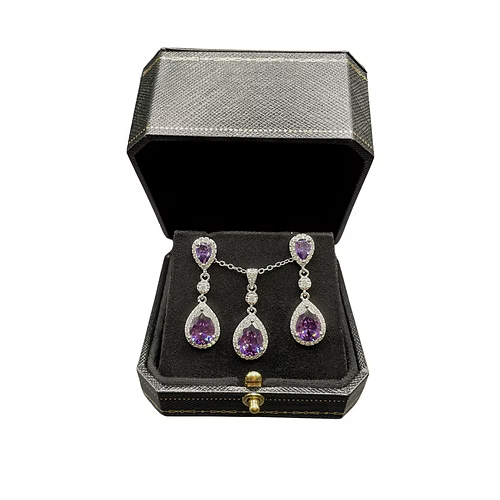 White Gold Finish Purple Amethyst Created Diamond Pear Cut Set