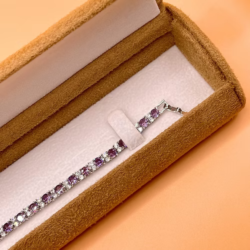 White Gold Finish Purple Amethyst 2 tiny Created Diamond Tennis Bracelet