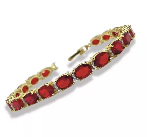 Yellow gold finish red ruby and created diamond Oval tennis bracelet gift idea