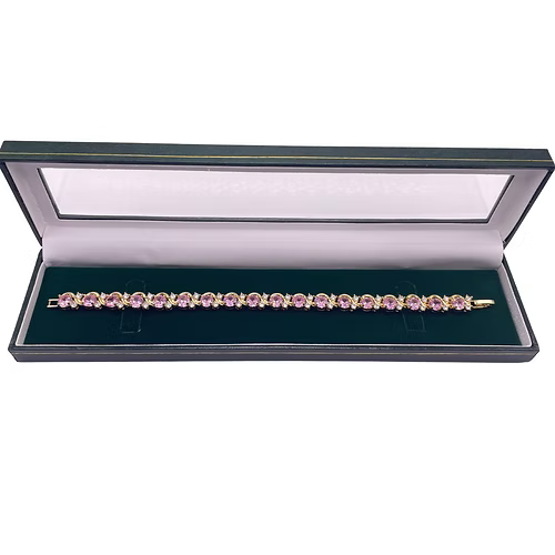Yellow gold finish pink tourmaline round cut twisted created diamond bracelet
