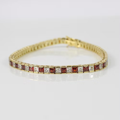 YELLOW GOLD FINISH Red Garnet Princess Cut Alternating CD Bracelet