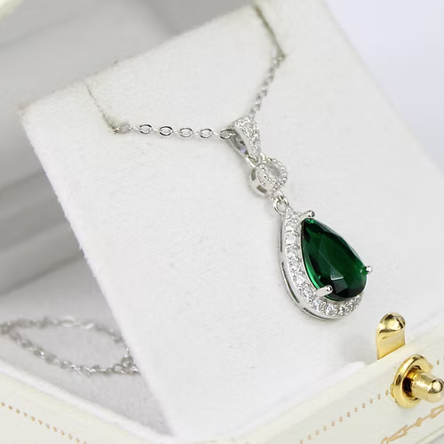 WHITE GOLD FINISH Green Emerald Pear Cut Created Diamond Pendant Necklace