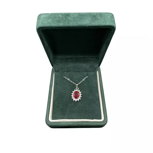 White Gold Finish Created Diamond Red Ruby Oval Cut Star Design Necklace