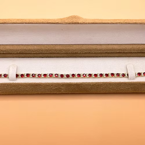 Yellow gold finish round cut red ruby with 2 tiny created diamond bracelet