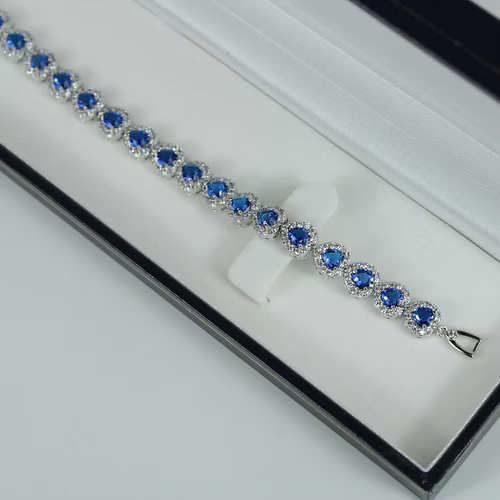WHITE GOLD FINISH Blue Sapphire Created Diamond Heart Cut Bracelet + Gift Box