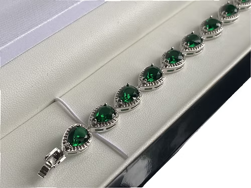 White gold finish Green Emerald And created diamond Pear Cut bracelet