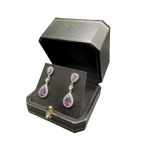 White Gold Finish Purple Amethyst Created Diamond Pear Cut Set