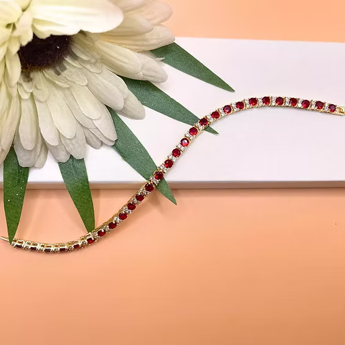 Yellow gold finish round cut red ruby with 2 tiny created diamond bracelet