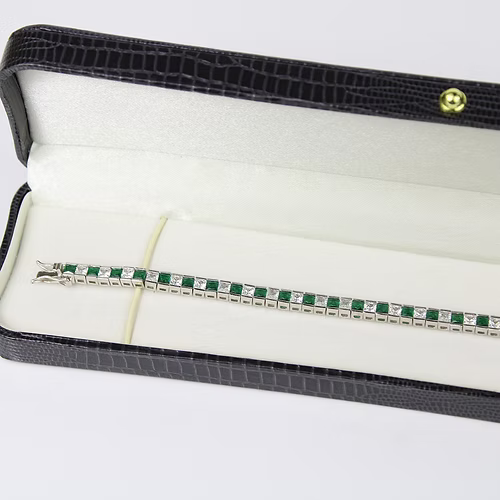 WHITE GOLD FINISH Green Emerald Princess Cut Alternating CD Bracelet