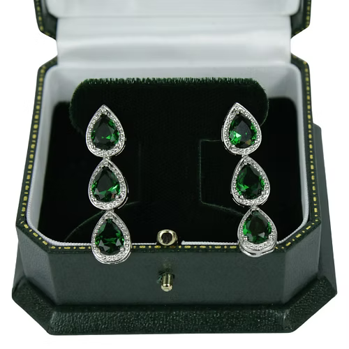 White Gold Finish Created Diamond Green Emerald Pear Cut Classic Dangle Earrings