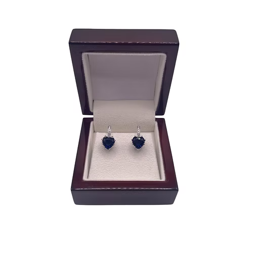 WHITE GOLD FINISH Blue Sapphire Heart Cut Created Diamond hoop earrings