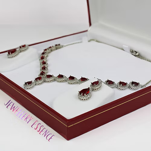 WHITE GOLD FINISH Red Ruby Pear Cut Cluster Created Diamond Necklace and Dangle
