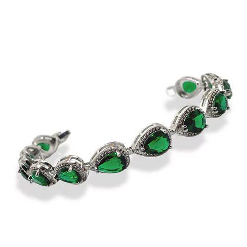 White gold finish Green Emerald And created diamond Pear Cut bracelet
