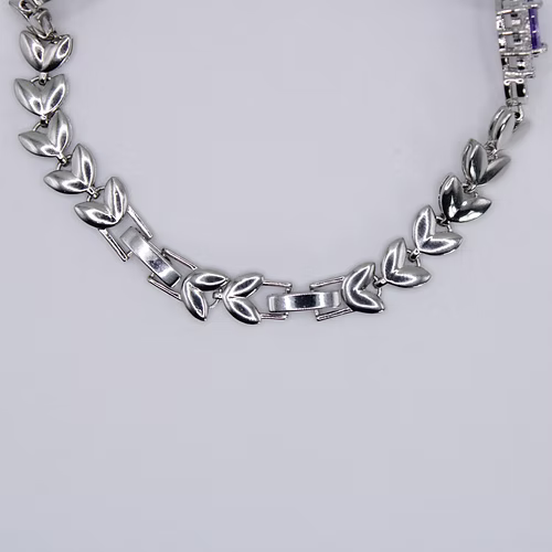 White Gold Finish Purple Amethyst Triple Flower Design Tennis Bracelet