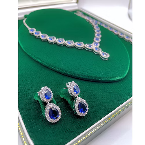 White Gold Finish Blue Sapphire Pear Cut and Created Diamond Set