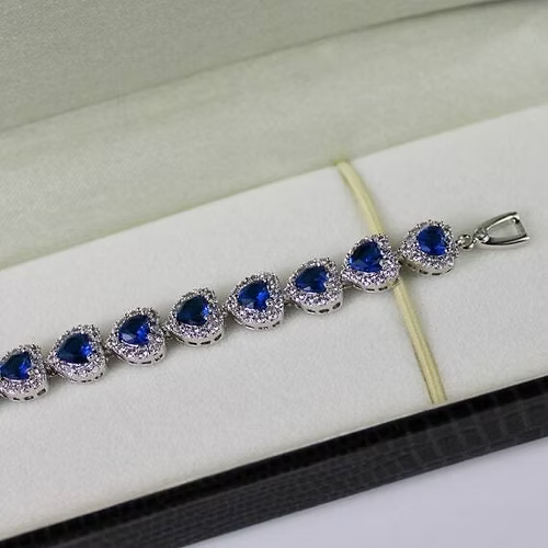 WHITE GOLD FINISH Blue Sapphire Created Diamond Heart Cut Bracelet + Gift Box