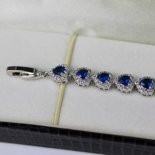 WHITE GOLD FINISH Blue Sapphire Created Diamond Heart Cut Bracelet + Gift Box