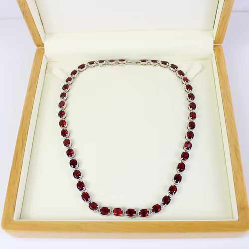 WHITE GOLD FINISH Red Ruby Oval Cut Crown Claw Necklace