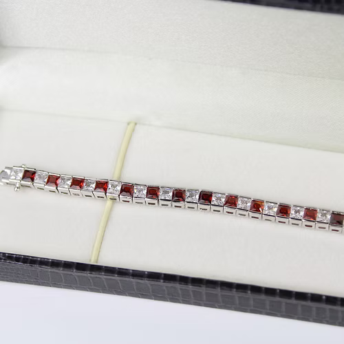 WHITE GOLD FINISH Red Garnet Princess Cut Alternating CD Bracelet