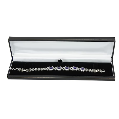 White Gold Finish Purple Amethyst Triple Flower Design Tennis Bracelet