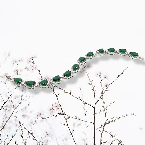 White gold finish Green Emerald And created diamond Pear Cut bracelet