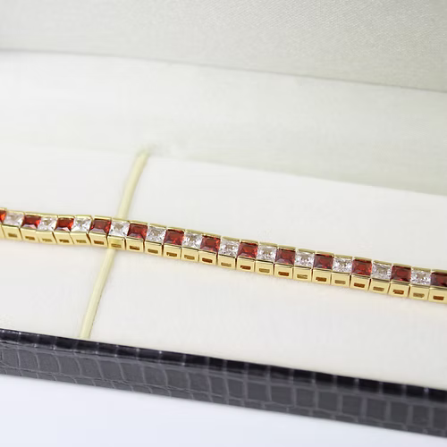 YELLOW GOLD FINISH Red Garnet Princess Cut Alternating CD Bracelet