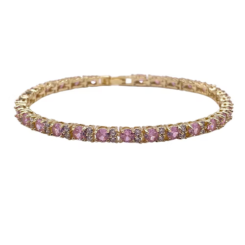 Yellow gold finish pink tourmaline round cut 2 tiny created diamond bracelet
