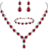 White Gold Finish Red Ruby Pear Cut and Created Diamond Set