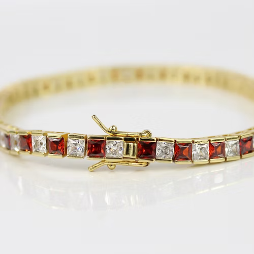 YELLOW GOLD FINISH Red Garnet Princess Cut Alternating CD Bracelet