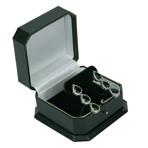White Gold Finish Created Diamond Green Emerald Pear Cut Classic Dangle Earrings
