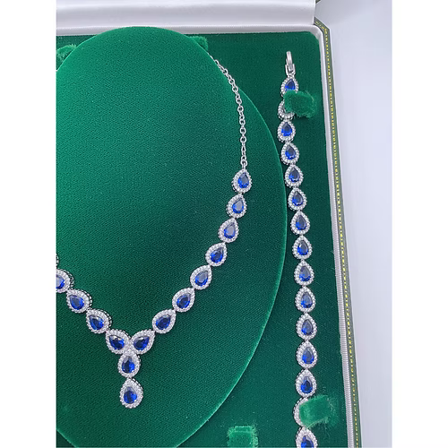 White Gold Finish Blue Sapphire Pear Cut and Created Diamond Set