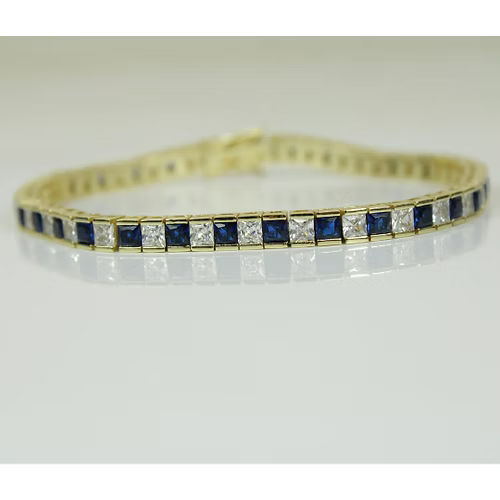 Yellow Gold Finish Created Diamond Blue Sapphire Princess Cut Tennis Bracelet
