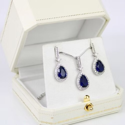 WHITE GOLD FINISH Blue Sapphire Pear Cut Created Diamond Dangle Jewellery Set